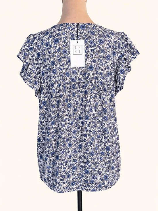 THML Floral Embroidered Blouse Boho Flutter Sleeve Blue M NWT - Picture 4 of 9